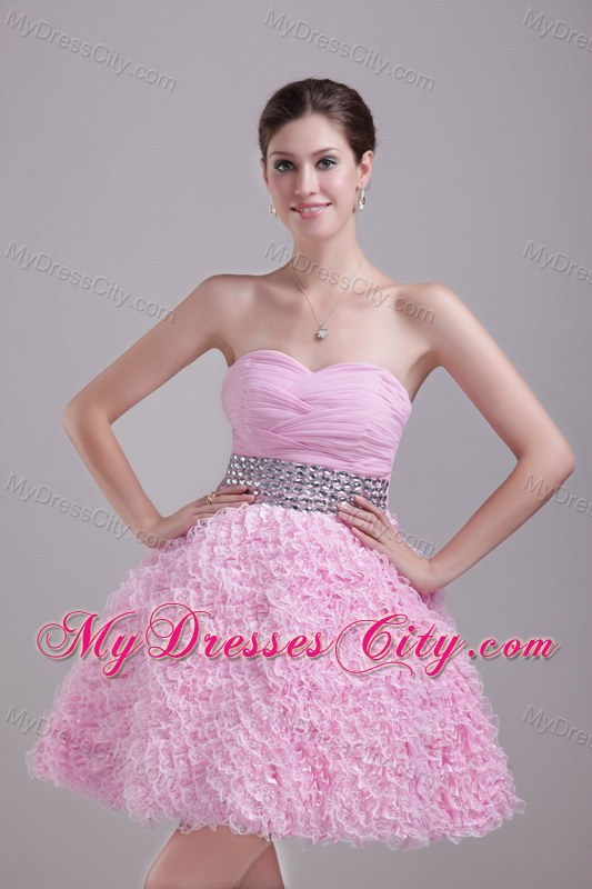 Beaded Decorate Waist Nylon Lace Baby Pink Party Dress