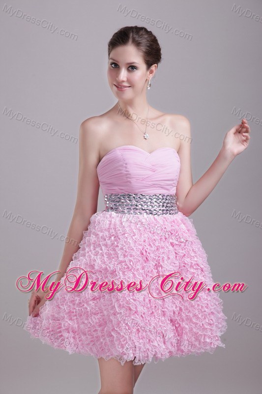 Beaded Decorate Waist Nylon Lace Baby Pink Party Dress