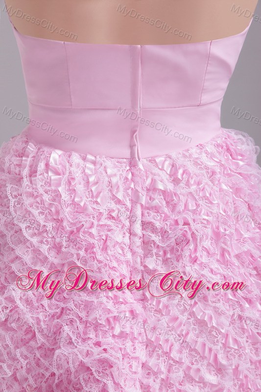 Beaded Decorate Waist Nylon Lace Baby Pink Party Dress