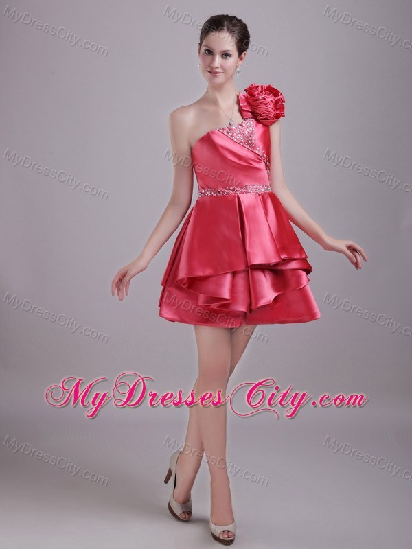 A-Line Red One Shoulder Flower Mini-length Party Prom Dress