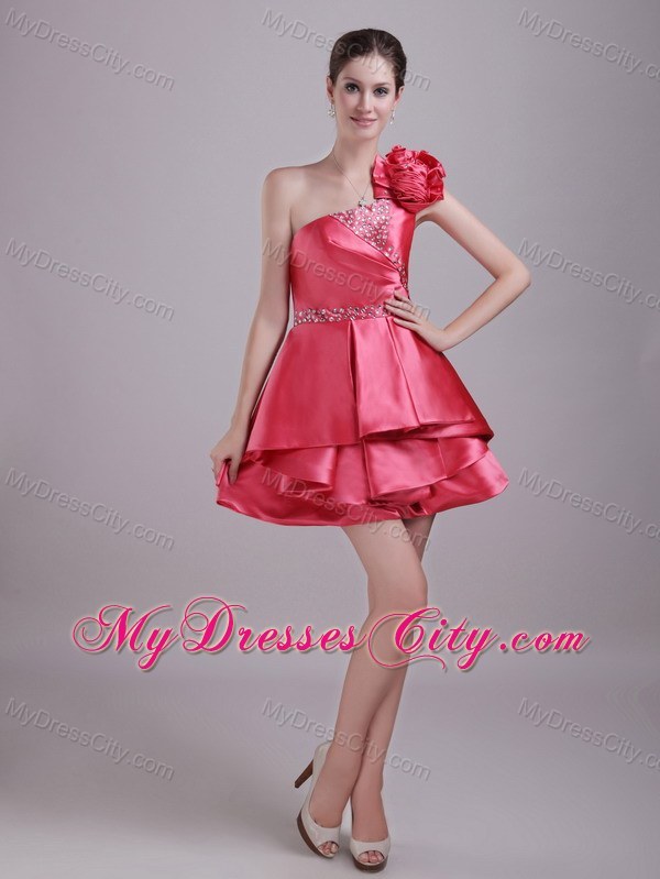 A-Line Red One Shoulder Flower Mini-length Party Prom Dress