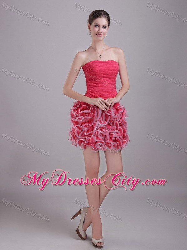 Red Column Strapless Mini-length Tulle Ruffles Party Dress