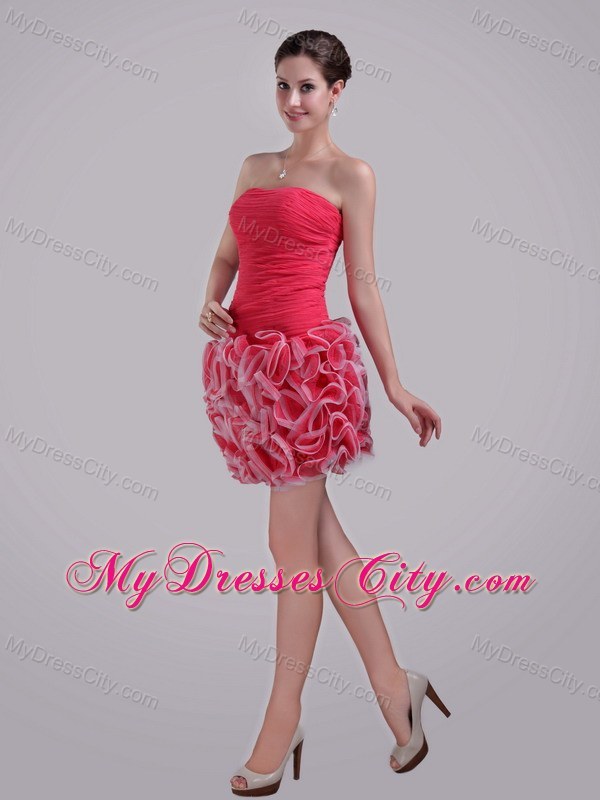 Red Column Strapless Mini-length Tulle Ruffles Party Dress