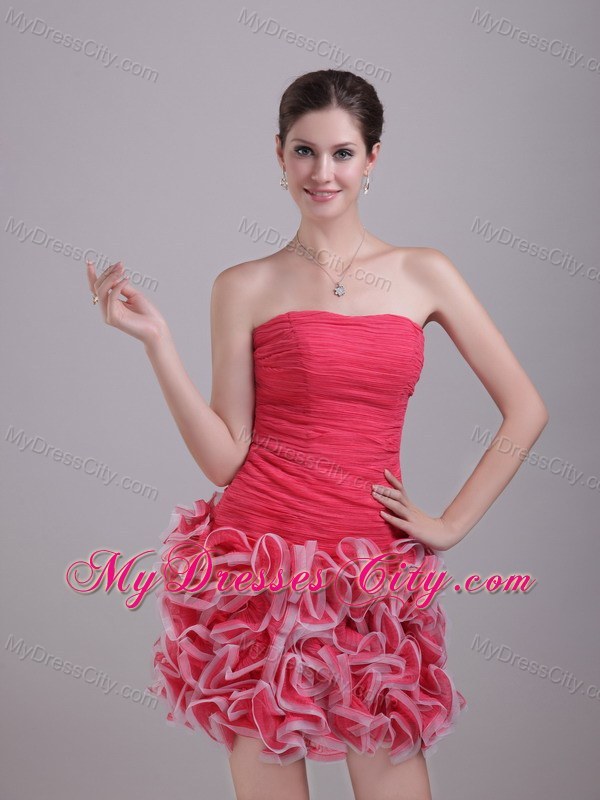 Red Column Strapless Mini-length Tulle Ruffles Party Dress