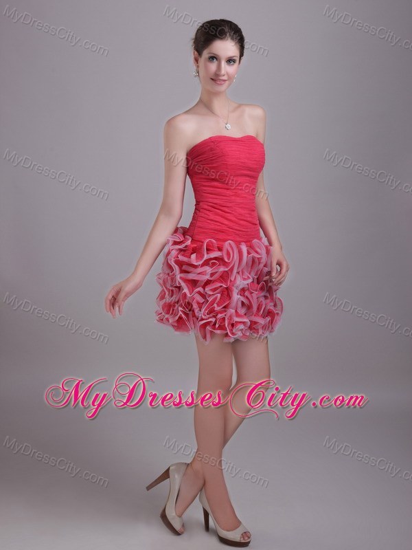 Red Column Strapless Mini-length Tulle Ruffles Party Dress