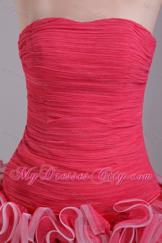 Red Column Strapless Mini-length Tulle Ruffles Party Dress