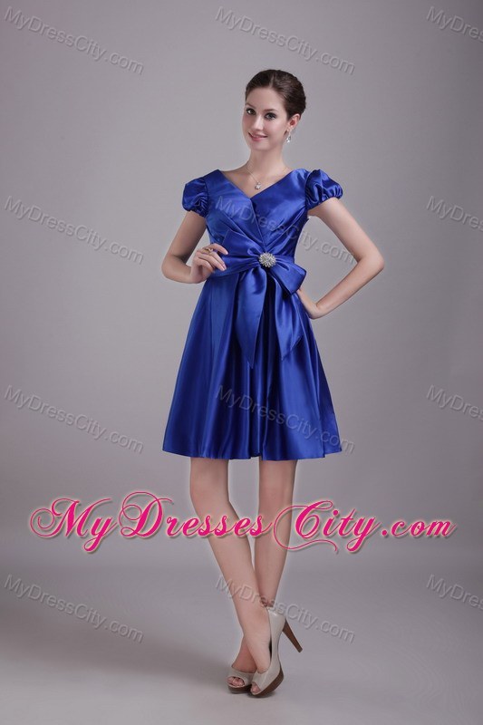 Princess Blue V-neck Short Party Dress with Short Sleeves