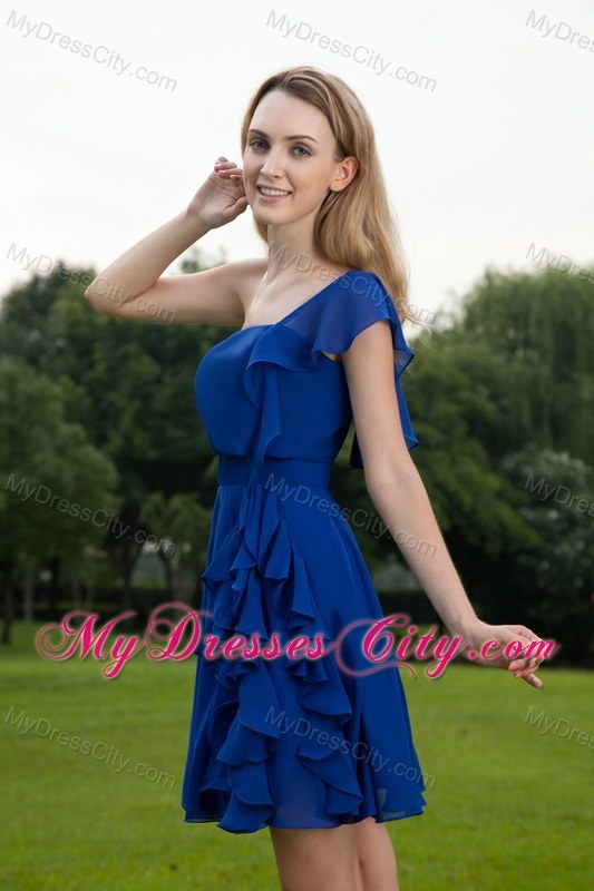 Blue Ruffles One Shoulder Short Chiffon Party Bridesmaid Dress