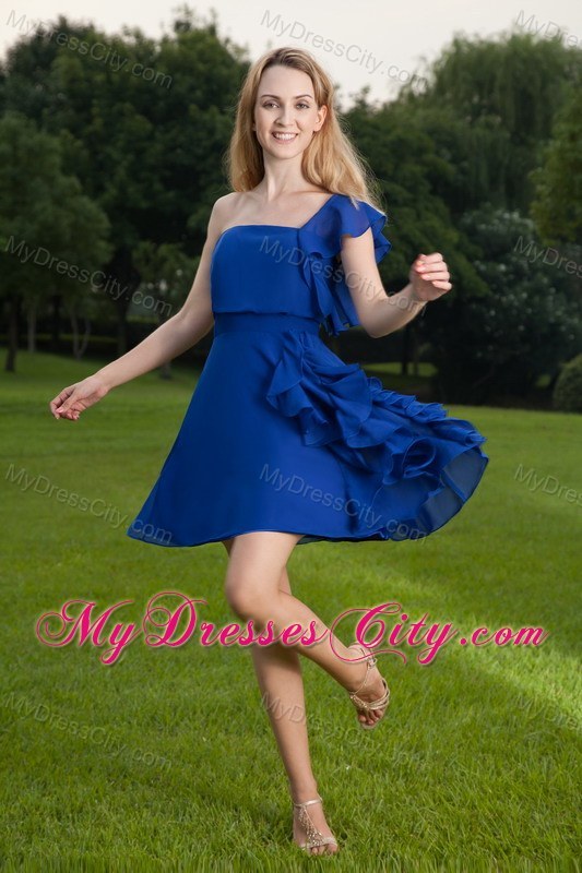 Blue Ruffles One Shoulder Short Chiffon Party Bridesmaid Dress