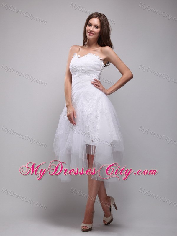 White A-Line Lace and Tulle Ruches Party Prom Dress