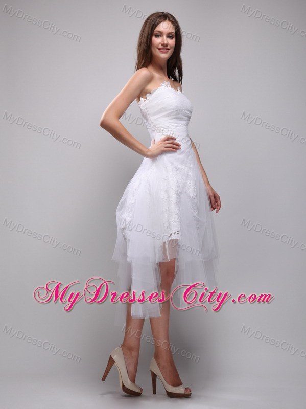 White A-Line Lace and Tulle Ruches Party Prom Dress