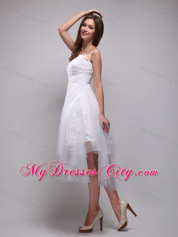 White A-Line Lace and Tulle Ruches Party Prom Dress