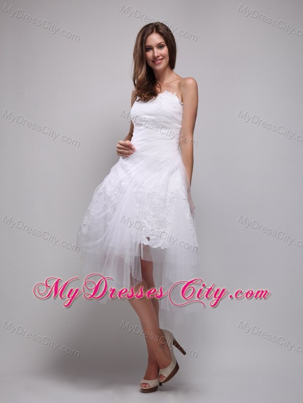 White A-Line Lace and Tulle Ruches Party Prom Dress