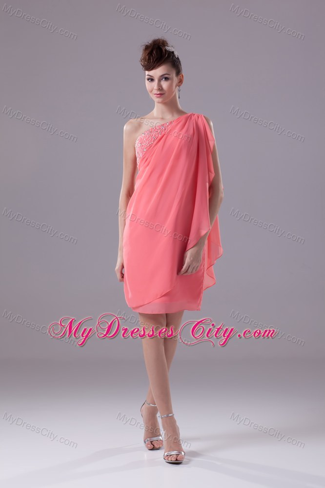 One Shoulder Watermelon Short Party Dress with Beading