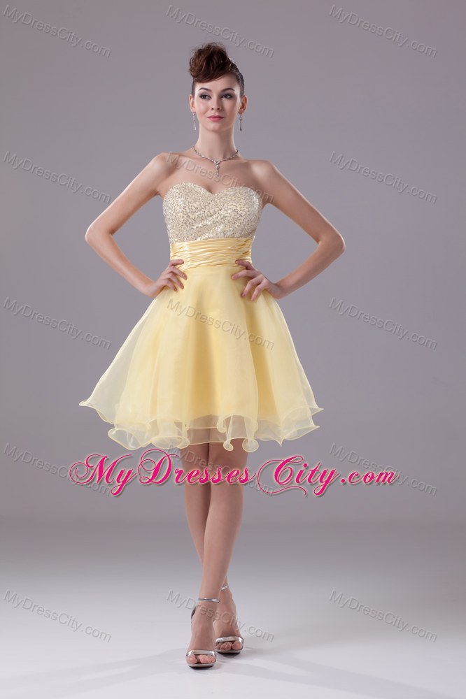 Light Yellow Organza and Sequins Sweetheart Party Dress