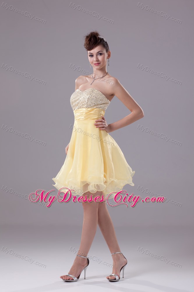 Light Yellow Organza and Sequins Sweetheart Party Dress