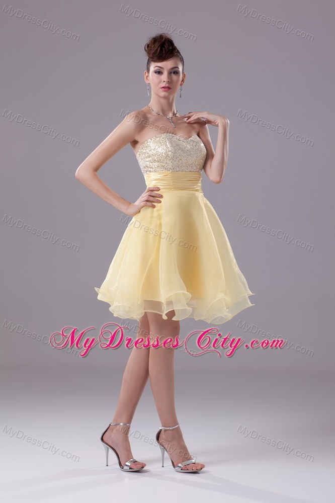 Light Yellow Organza and Sequins Sweetheart Party Dress