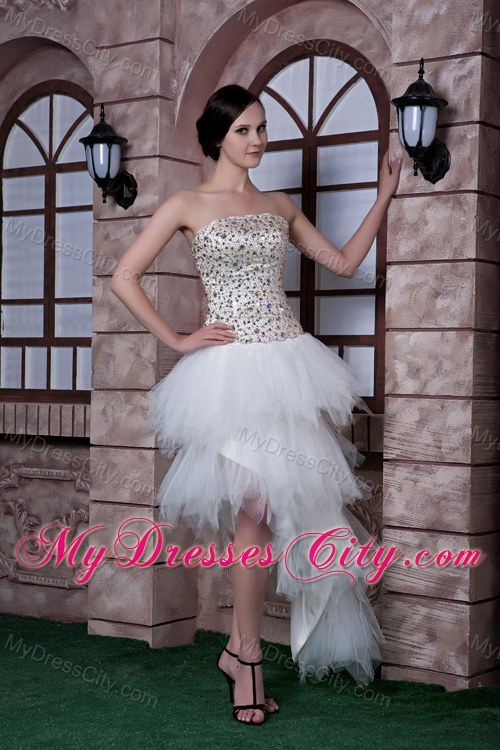 White Asymmetrical Beading Party Evening Dress with Tulle