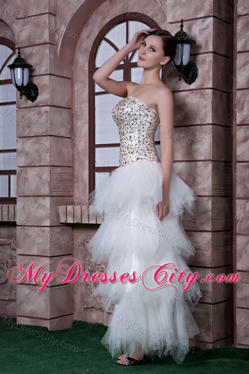 White Asymmetrical Beading Party Evening Dress with Tulle