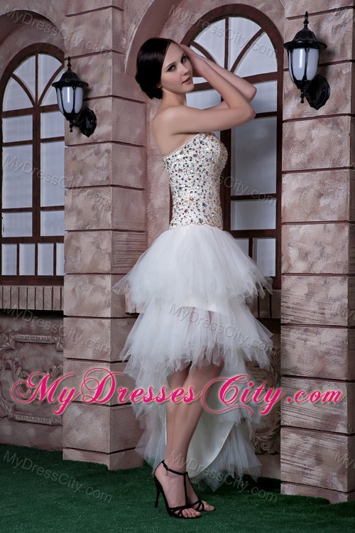 White Asymmetrical Beading Party Evening Dress with Tulle