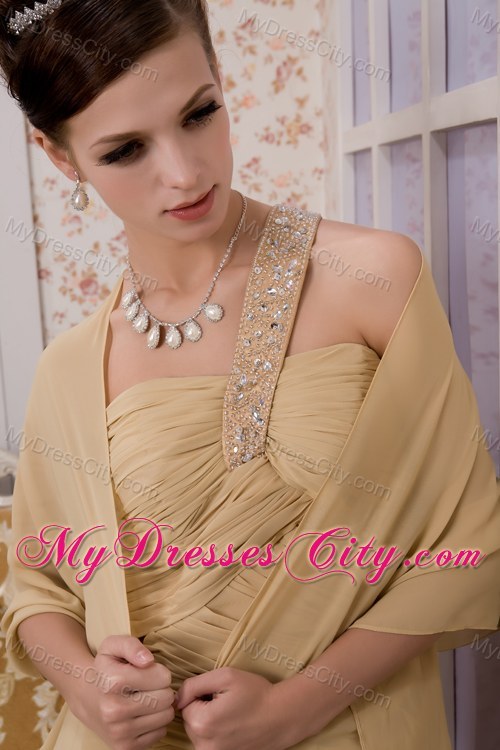 Champagne Column Ruches Party Dress with One Shoulder