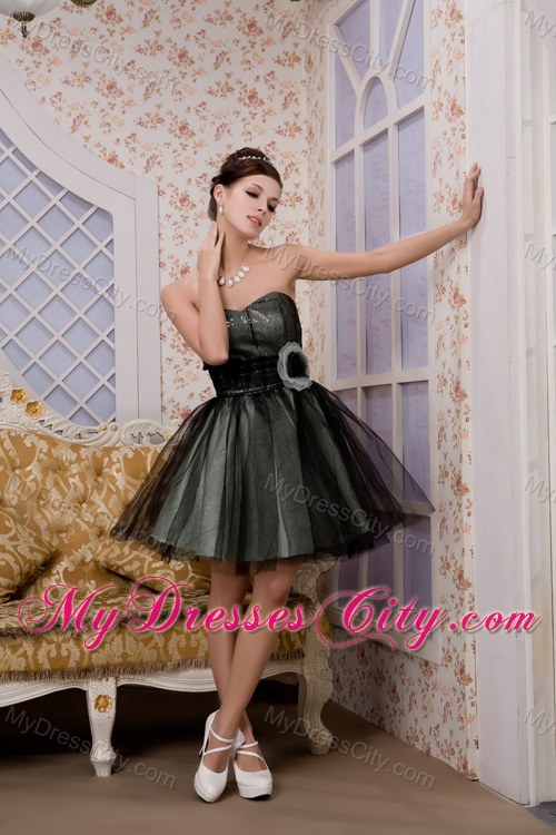 Black A-line Sweetheart Mini-length Tulle Flower Party Dress