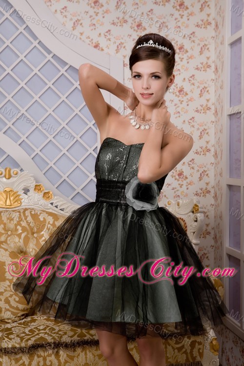 Black A-line Sweetheart Mini-length Tulle Flower Party Dress