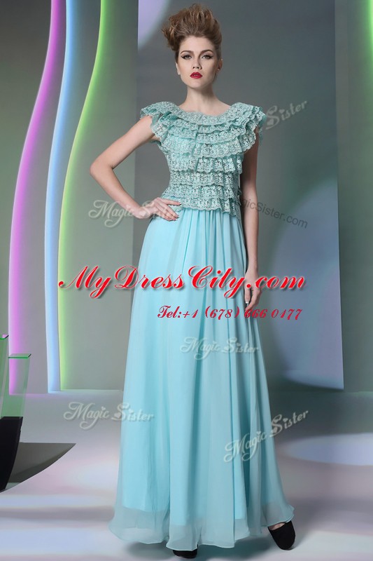 Scoop Floor Length Aqua Blue Homecoming Dress Chiffon Cap Sleeves Lace