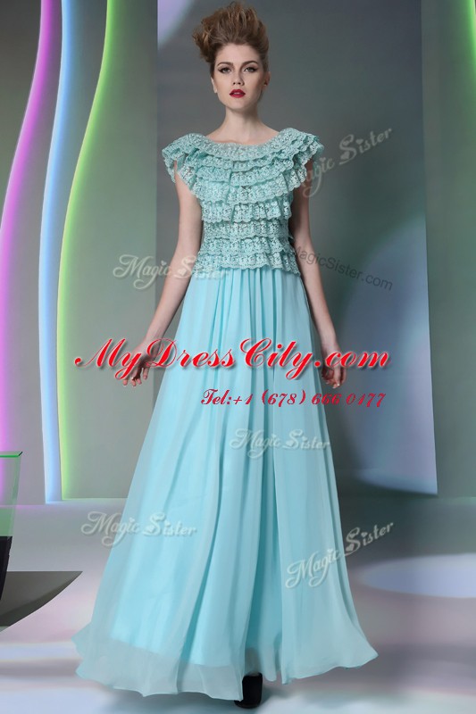 Scoop Floor Length Aqua Blue Homecoming Dress Chiffon Cap Sleeves Lace