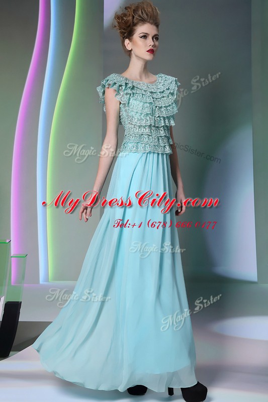 Scoop Floor Length Aqua Blue Homecoming Dress Chiffon Cap Sleeves Lace