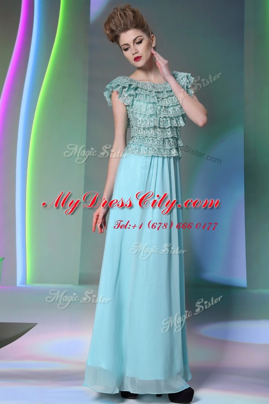 Scoop Floor Length Aqua Blue Homecoming Dress Chiffon Cap Sleeves Lace