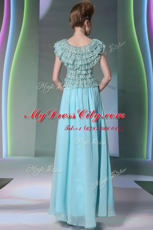 Scoop Floor Length Aqua Blue Homecoming Dress Chiffon Cap Sleeves Lace