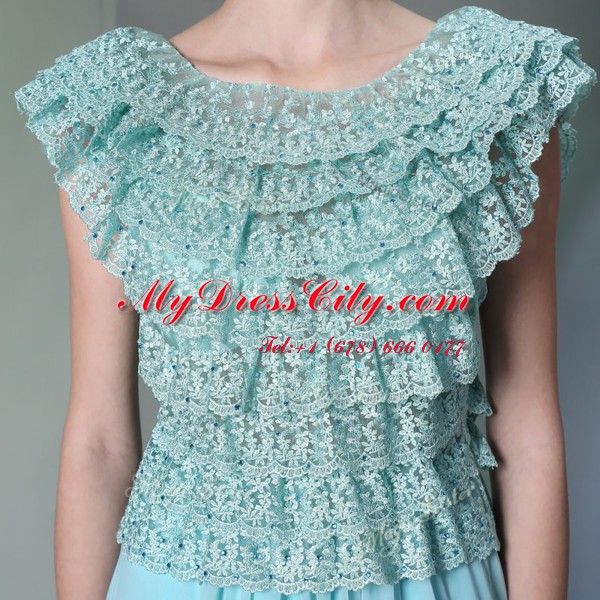 Scoop Floor Length Aqua Blue Homecoming Dress Chiffon Cap Sleeves Lace