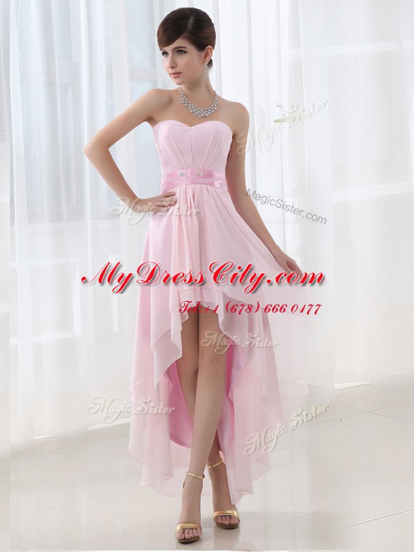 Baby Pink Chiffon Lace Up Sweetheart Sleeveless High Low Prom Dresses Beading