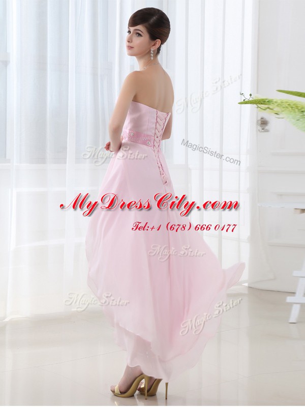 Baby Pink Chiffon Lace Up Sweetheart Sleeveless High Low Prom Dresses Beading