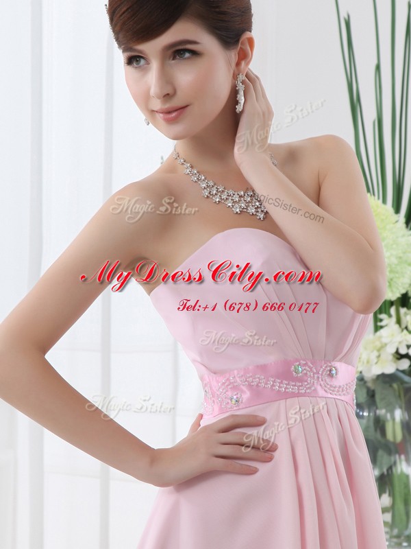 Baby Pink Chiffon Lace Up Sweetheart Sleeveless High Low Prom Dresses Beading