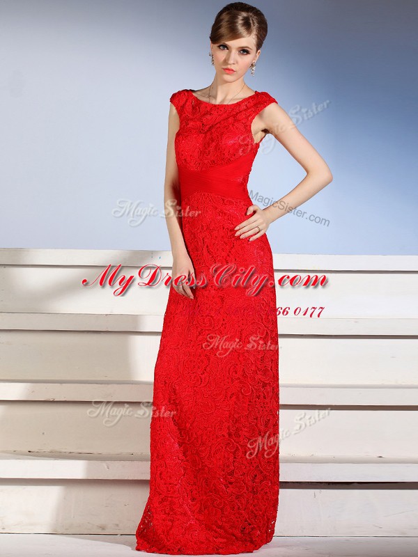 Red Prom Evening Gown Prom and Party and For with Lace Bateau Sleeveless Side Zipper