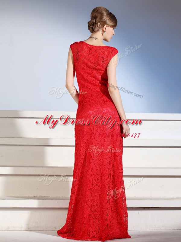 Red Prom Evening Gown Prom and Party and For with Lace Bateau Sleeveless Side Zipper