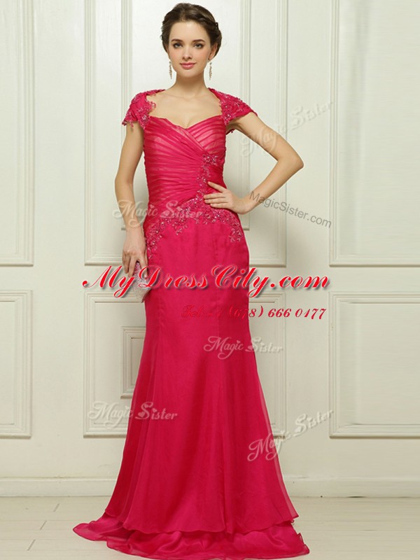 Affordable Hot Pink Backless V-neck Beading Prom Gown Chiffon Cap Sleeves Sweep Train