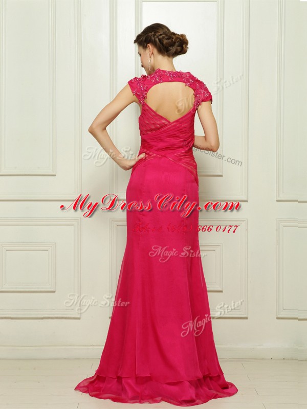 Affordable Hot Pink Backless V-neck Beading Prom Gown Chiffon Cap Sleeves Sweep Train