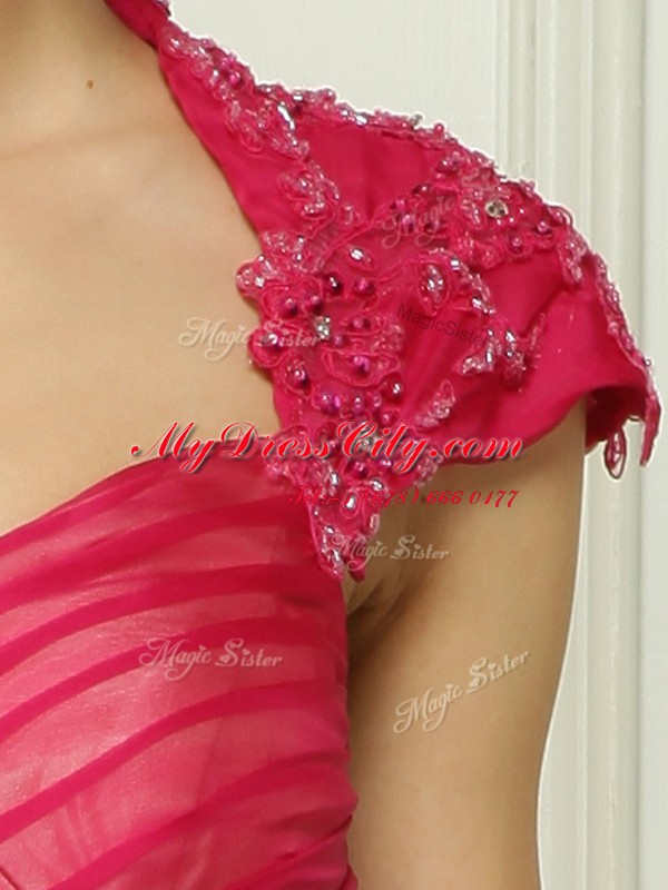 Affordable Hot Pink Backless V-neck Beading Prom Gown Chiffon Cap Sleeves Sweep Train