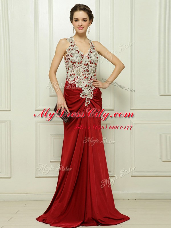 High End Red V-neck Neckline Beading and Appliques Prom Evening Gown Sleeveless Zipper