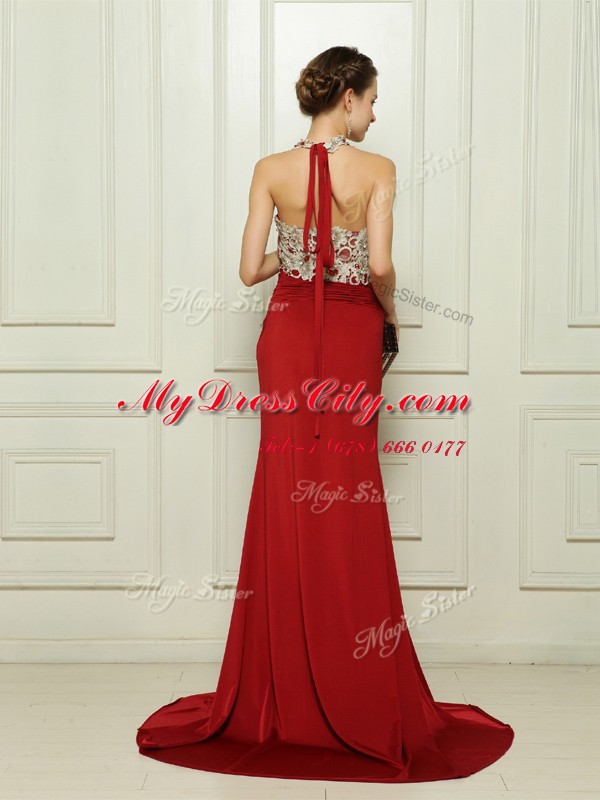 High End Red V-neck Neckline Beading and Appliques Prom Evening Gown Sleeveless Zipper