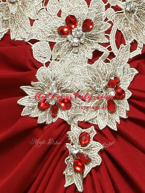 High End Red V-neck Neckline Beading and Appliques Prom Evening Gown Sleeveless Zipper