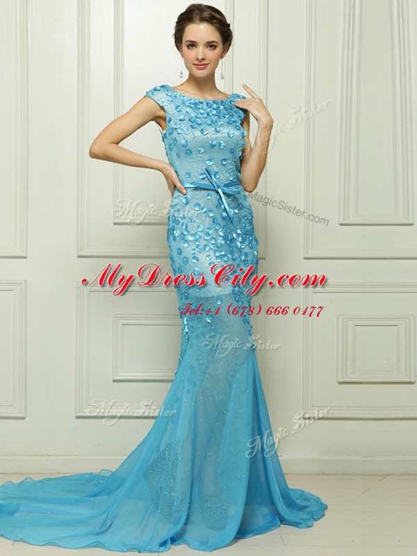 Romantic Mermaid With Train Baby Blue Chiffon Brush Train Sleeveless Beading and Appliques