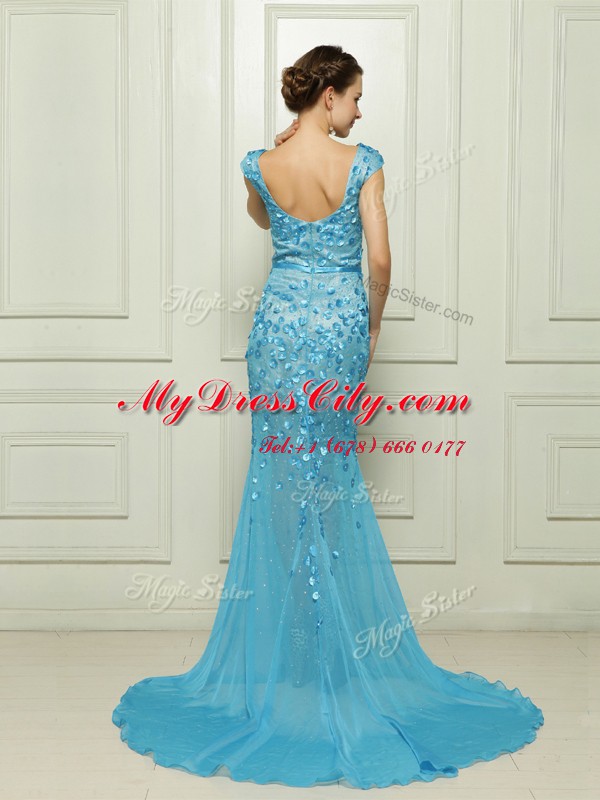 Romantic Mermaid With Train Baby Blue Chiffon Brush Train Sleeveless Beading and Appliques