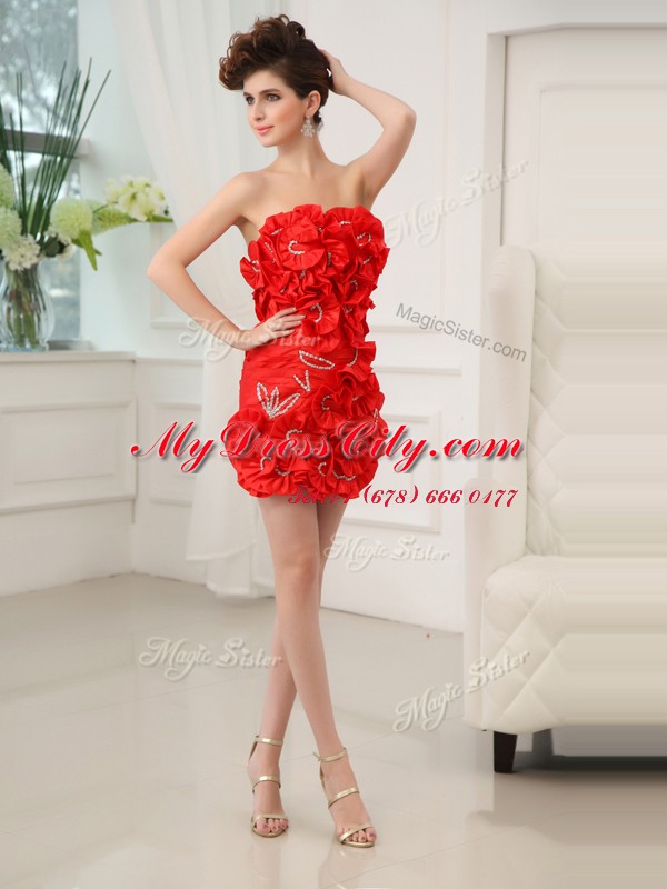 Red Column/Sheath Chiffon Strapless Sleeveless Beading and Hand Made Flower Mini Length Zipper Prom Evening Gown