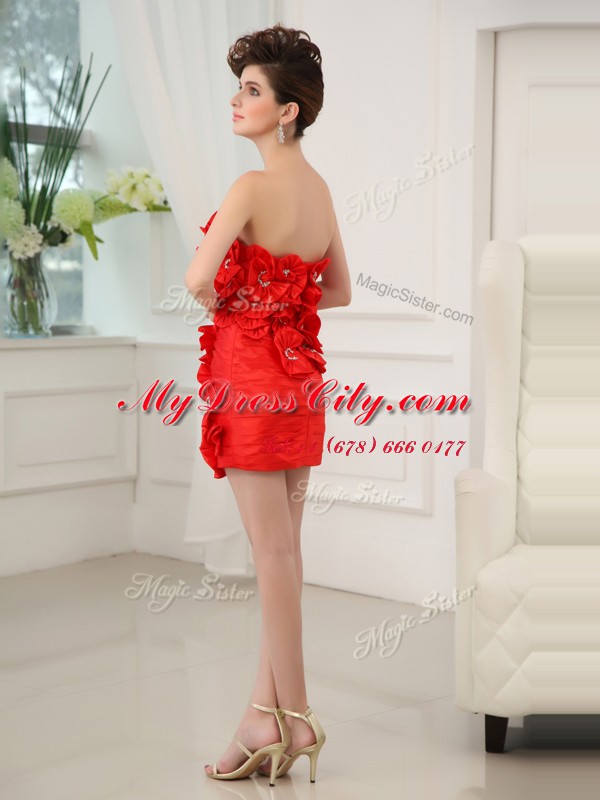 Red Column/Sheath Chiffon Strapless Sleeveless Beading and Hand Made Flower Mini Length Zipper Prom Evening Gown