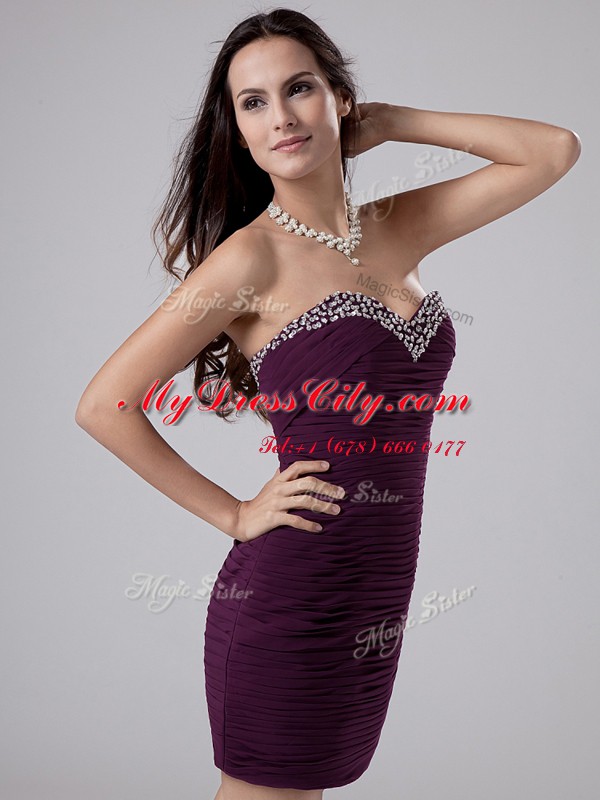 Attractive Beading and Ruching Prom Evening Gown Dark Purple Zipper Sleeveless Mini Length