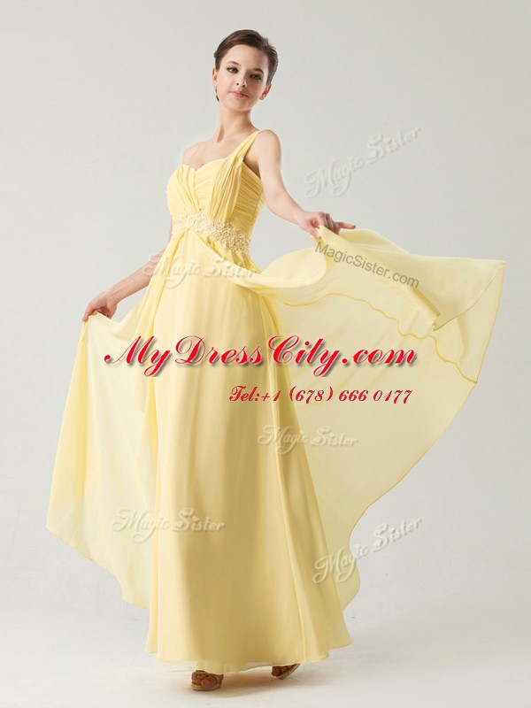 Suitable Light Yellow One Shoulder Neckline Beading and Ruching Dress for Prom Sleeveless Zipper